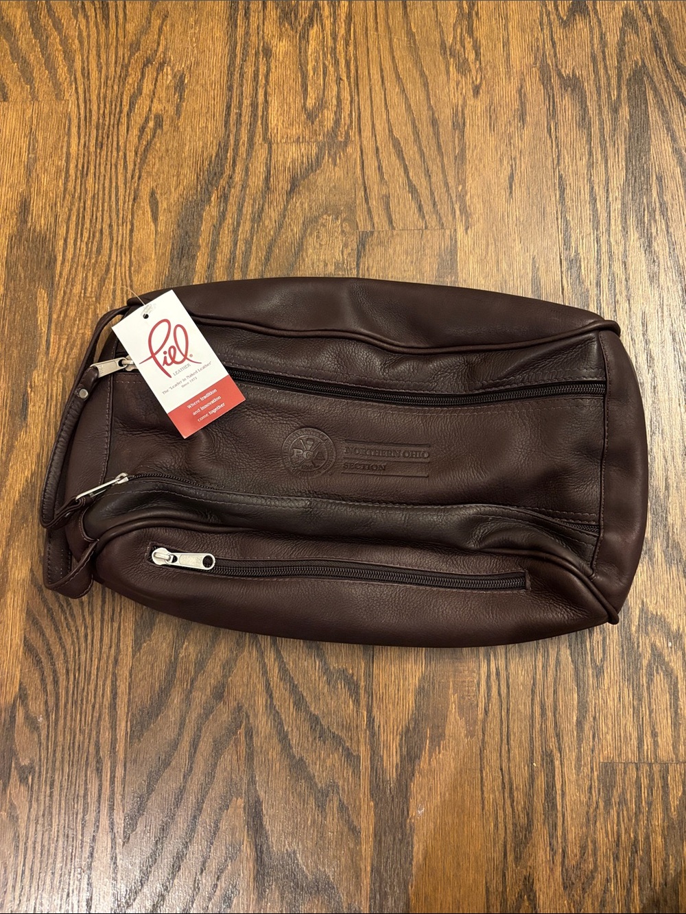 Filson Dark Brown Leather Shoe Bag with Dual Zipper Pockets